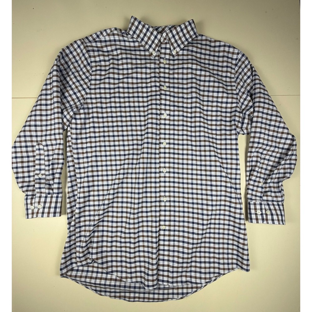 Stafford Casual Button-Down Men's L Navy Brown White Plaid Cotton Blend